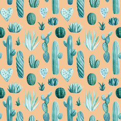 Seamless pattern. Watercolor green cacti and succulents. House Plants in pot