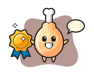 Fried chicken mascot illustration holding a golden badge