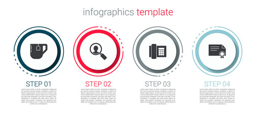 Set Cup of tea with tea bag, Magnifying glass for search people, Telephone and Certificate template. Business infographic template. Vector.