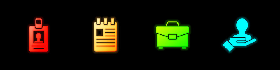 Set Identification badge, Spiral notebook, Briefcase and Hand for search people icon. Vector.
