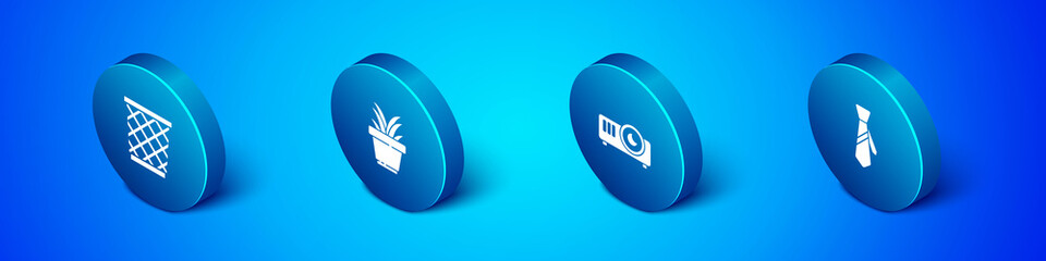 Set Isometric Trash can, Movie, film, media projector, Tie and Plant in pot icon. Vector.