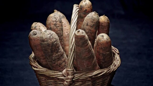 Composition of vegetables, rotation of a basket with root vegetables,  carrots on a black background