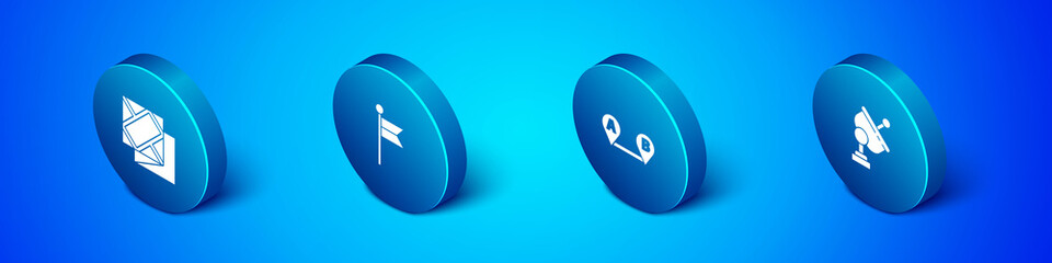 Set Isometric Folded map, Route location, Radar and Location marker icon. Vector.