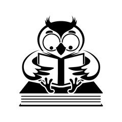 Funny Owl reading a book. Vector, isolated drawing in black on a white background.