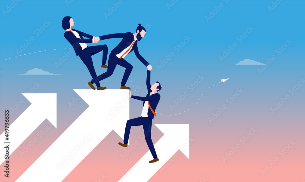 Wall mural Business team growth - Group of businesspeople climbing on arrows pointing up. Teamwork and progress concept. Vector illustration. - Wall murals