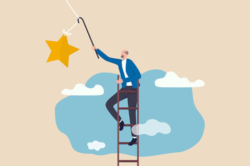 Retirement pension fund target, financial planning for retiree or success retirement life concept, elderly senior retired man climbing up ladder to the top high into the sky to grab the star. - obrazy, fototapety, plakaty