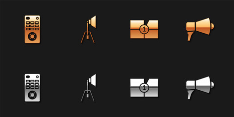 Set Remote control, Movie spotlight, Old film movie countdown frame and Megaphone icon. Vector.