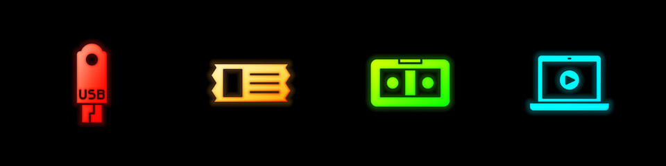 Set USB flash drive, Cinema ticket, VHS video cassette tape and Online play icon. Vector.