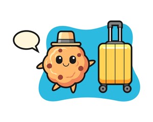 Chocolate chip cookie cartoon illustration with luggage on vacation