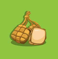 ketupat is a rice cake packed inside a diamond-shaped container of woven palm leaf pouch in slice symbol cartoon illustration vector