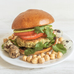 Hummus Chickpea Burger on white background.