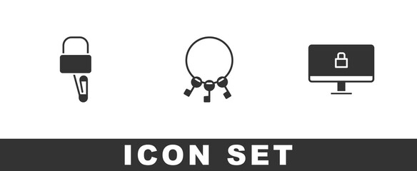 Set Lock picks for lock picking, Bunch of keys and on computer monitor icon. Vector.