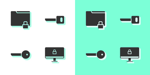 Set Lock on computer monitor, Folder and lock, Key and icon. Vector.