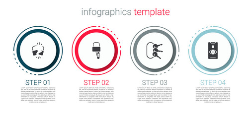 Set Broken or cracked lock, Lock picks for picking, Bunch of keys and Eye scan. Business infographic template. Vector.