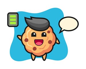 Chocolate chip cookie mascot character with energetic gesture