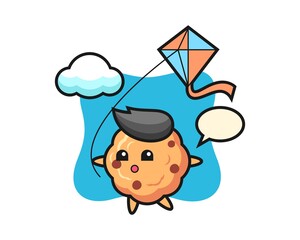 Chocolate chip cookie mascot illustration is playing kite