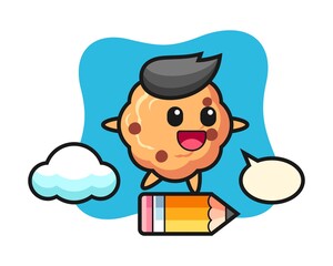 Chocolate chip cookie mascot illustration riding on a giant pencil