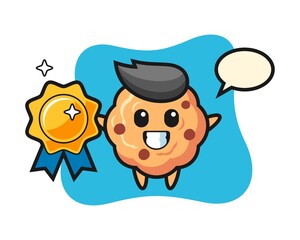 Chocolate chip cookie mascot illustration holding a golden badge