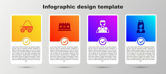 Set Wooden four-wheel cart, King crown, Medieval knight and Princess. Business infographic template. Vector.