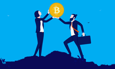 Man and woman holding bitcoin - Businessman and businesswoman lifting up coin. Corporate business with crypto currency investment concept. Vector illustration.