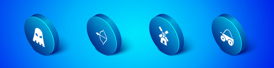 Set Isometric Executioner mask, Windmill, Wooden four-wheel cart and Medieval bow and arrow icon. Vector.