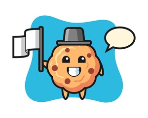 Cartoon character of chocolate chip cookie holding a flag