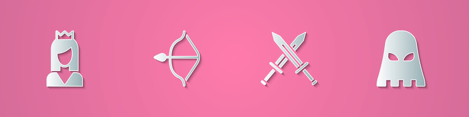 Set paper cut Princess, Medieval bow and arrow, Crossed medieval sword and Executioner mask icon. Paper art style. Vector.