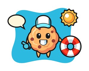 Cartoon mascot of chocolate chip cookie as a beach guard