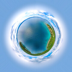360 panorama globe, Planet ocean and green trees and beach with nature and clouds around