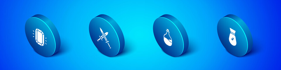 Set Isometric Diamond, Old bottle of wine, money bag and Crossed medieval sword icon. Vector.