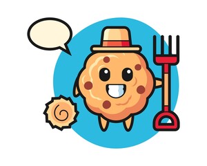 Mascot character of chocolate chip cookie as a farmer