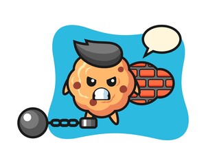 Character mascot of chocolate chip cookie as a prisoner
