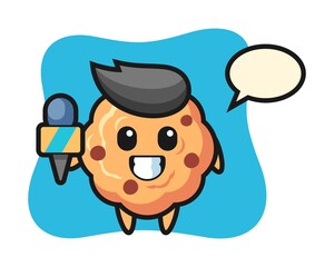 Character mascot of chocolate chip cookie as a news reporter