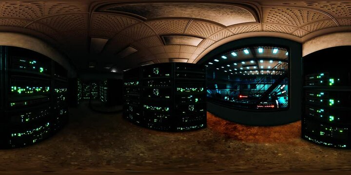 VR360 futuristic dark Data center with metal and lights