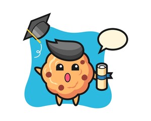 Illustration of chocolate chip cookie cartoon throwing the hat at graduation