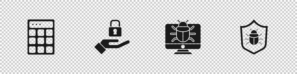 Set Password protection, Lock in hand, System bug monitor and icon. Vector.