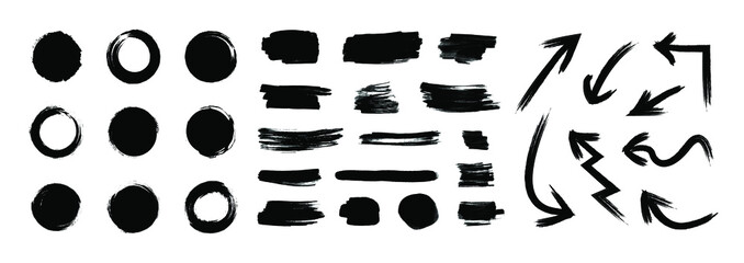 Vector black paint brush strokes set isolated on white background, japanese enso circles, different ink blots and arrows, dry painting elements collection.
