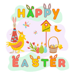 Easter card with spring flowers, eggs in basket, bunny, chick, butterflies. Happy easter lettering with bunny ears. Vector cartoon illustration.