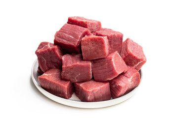 Fresh raw beef in ceramic plate isolated on white