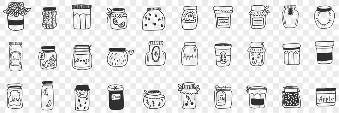 Jars and containers for food doodle set. Collection of hand drawn various shapes and forms of glass jars for keeping preserved food jam grains and cereals isolated on transparent background
