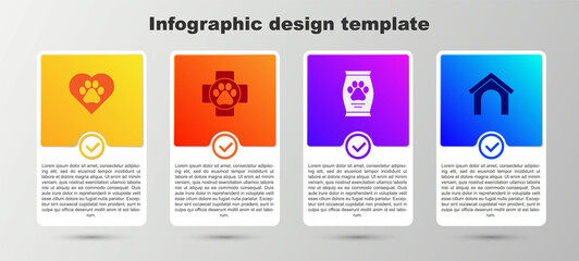 Set Heart with animals footprint, Veterinary clinic, Bag of food and Dog house. Business infographic template. Vector.