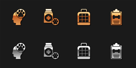 Set Human with animals footprint, Bag of food, Pet carry case and Clinical record pet icon. Vector.