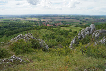 Fototapeta na wymiar Palava Hills aerial panoramic view, rocks and vineyards, Moravia, Czech Republic
