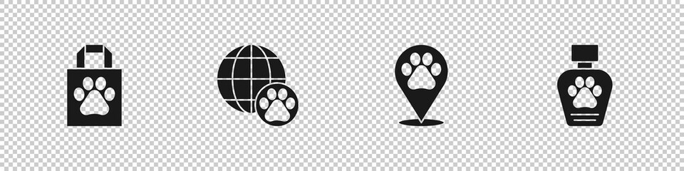 Set Shopping bag pet, World, Location veterinary and Pet shampoo icon. Vector.