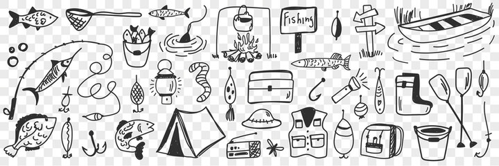 Fishing tools and accessories doodle set. Collection of hand drawn hooks camping worm clothing bucket fishes bonfire lamp for fishing on nature hobby leisure active rest on transparent background © drawlab19