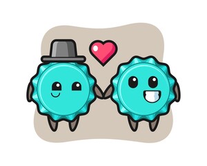 bottle cap cartoon character couple with fall in love gesture