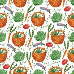 Watercolor seamless pattern with whicker basket with harvest of vegetables on white. Hand painted illustration of cabbage, carrot, tomato and eggplant. Great for fabrics, wrapping papers, covers.