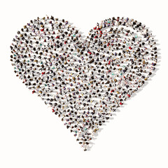 Concept or conceptual large gathering of people forming the image of a red heart on white background. A 3d illustration metaphor for love, romance, valentine's day, happiness, wedding, health or care
