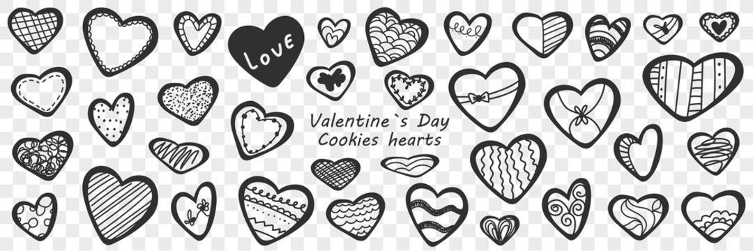 Valentines day hearts doodle set. Collection of hand drawn various cookies biscuits in shape of hearts for Valentines day holiday isolated on transparent background