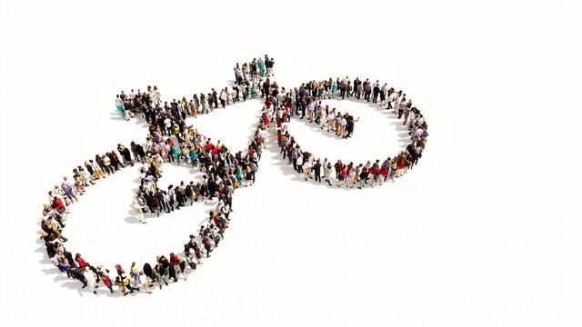 Concept or conceptual large community of people forming an image of a bicycle on white background. A 3d illustration metaphor for recreation,  health, sport, ecological transportation or work